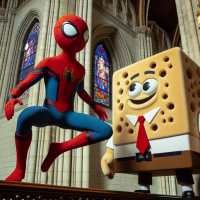 spiderman  spongebob in church 