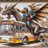 超级马里奥装扮成中世纪骑士骑着翼龙坐在公共汽车后面，巴洛克式绘画