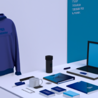 Generate product UI, blue theme, products include water cups, jackets, notebooks, laptops, pens, photos, 45-degree bird's eye view, LOGO uses blue clouds