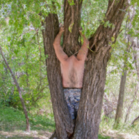 A shirtless man with his arms tied above his head to a tree, he has an innie navel,