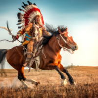 WesternArt, Native American riding a horse across the prairies, wearing traditional buckskin clothing adorned with feather headdress, horse galloping dramatically, dust kicking up from the ground, vast open plains with rolling hills in the background, clear blue sky with scattered clouds, dynamic and action-packed scene, detailed face, sunset lighting casting a warm glow.