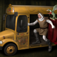 Super Mario dressed as a medieval knight riding a pterodactyl in the back of a bus, Baroque painting