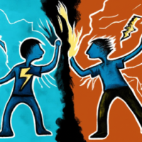 two people are fighting and one has fire power and other has blue thunder power 