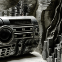 A boombox reflecting the surroundings in a cave, Painting by H.R. Giger, Closeup