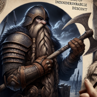 Create a portrait of a grim dwarf warrior with a long-braided beard, iron armor, and a mighty axe. Depict them in a Tolkien-esque fantasy world.