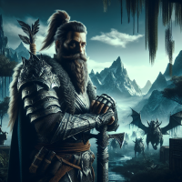 Create a portrait of a grim dwarf warrior with a long-braided beard, iron armor, and a mighty axe. Depict them in a Tolkien-esque fantasy world.