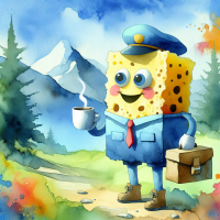 SpongeBob SquarePants dressed as a mailman drinking a cup of coffee in a mountainside scene, watercolors by 5 year old