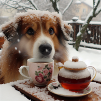 一只狗在下雪天喝茶