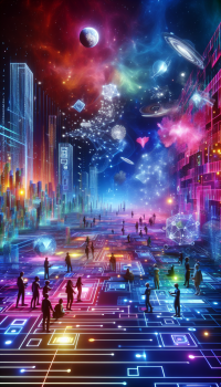  A futuristic graphic depicting avatars interacting in a virtual world. 