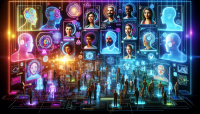  A futuristic graphic depicting avatars interacting in a virtual world. 