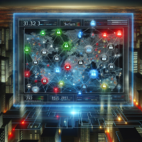 Create an image that visually represents the concept of network security and vulnerability scanning. The scene should depict a digital landscape with a futuristic cityscape background. In the foreground, feature a large, transparent digital screen displaying a dynamic map of a network, complete with nodes and connections symbolizing different devices on a network. Each node should have varying colors indicating different security statuses: green for secure, yellow for warning, and red for vulnerable. Include visual effects that suggest active scanning, such as beams of light scanning from one node to another. The overall atmosphere should be sleek and high-tech, reflecting a sophisticated cybersecurity operation. The color scheme should include shades of blue, grey, and black, with highlights in neon to emphasize key elements.