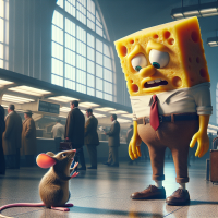 SpongeBob SquarePants talking to a mouse in an airport, 1960s Cartoon