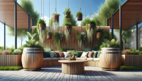 A modern outdoor living space featuring a wooden barrel-shaped sofa with cushions and decorative pillows, surrounded by potted plants. the sofa is situated in the middle of the image, with a round wooden table in front of it, creating a cozy and inviting atmosphere. on the top of the barrel, there are hanging baskets filled with various plants, adding a touch of greenery to the space. the barrel is surrounded by lush greenery, with trees and a clear blue sky visible in the background. the floor is made of brick pavers, and the overall aesthetic is bright and airy, inviting the viewer to step into the outdoor space.