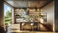 A photorealistic, wide-angle interior shot of a modern, bright kitchen with natural wood cabinetry and a concrete countertop island. Two light wood stools with beige cushions sit at the island. A large window with partially open blinds reveals a lush green landscape outside. The kitchen features stainless steel appliances, including a large refrigerator, and open shelving with decorative plants and kitchenware. Under-cabinet lighting illuminates the backsplash, which is made of horizontally stacked wood planks. Three clear glass pendant lights with green accents hang above the island. The color palette is warm and inviting, with natural tones of wood, green from the plants, and cool grays from the concrete and stainless steel. The composition is balanced and airy, creating a sense of calm and sophistication. The emotional tone is peaceful and inviting, suggesting a comfortable and stylish living space.