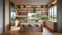 A photorealistic, wide-angle interior shot of a modern, bright kitchen with natural wood cabinetry and a concrete countertop island. Two light wood stools with beige cushions sit at the island. A large window with partially open blinds reveals a lush green landscape outside. The kitchen features stainless steel appliances, including a large refrigerator, and open shelving with decorative plants and kitchenware. Under-cabinet lighting illuminates the backsplash, which is made of horizontally stacked wood planks. Three clear glass pendant lights with green accents hang above the island. The color palette is warm and inviting, with natural tones of wood, green from the plants, and cool grays from the concrete and stainless steel. The composition is balanced and airy, creating a sense of calm and sophistication. The emotional tone is peaceful and inviting, suggesting a comfortable and stylish living space.