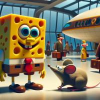 SpongeBob SquarePants talking to a mouse in an airport, 1960s Cartoon