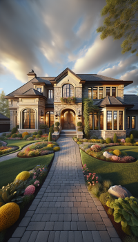 A photorealistic image of a luxurious two-story house with a meticulously landscaped front yard is presented at eye-level. The house features a combination of beige siding and stone accents, with a prominent arched wooden doorway and multiple windows reflecting the warm glow of the setting sun. The roof is dark gray with brown trim. The front yard is adorned with a winding brick pathway leading to the entrance, flanked by vibrant flower beds containing a variety of colorful plants, manicured shrubs, and decorative rocks. The lighting is warm and golden, casting long shadows and highlighting the textures of the stone and foliage, creating a welcoming and serene atmosphere. The composition is balanced, showcasing the house as the focal point while emphasizing the beauty of the surrounding landscape. The overall tone is peaceful and inviting, evoking a sense of comfort and elegance.