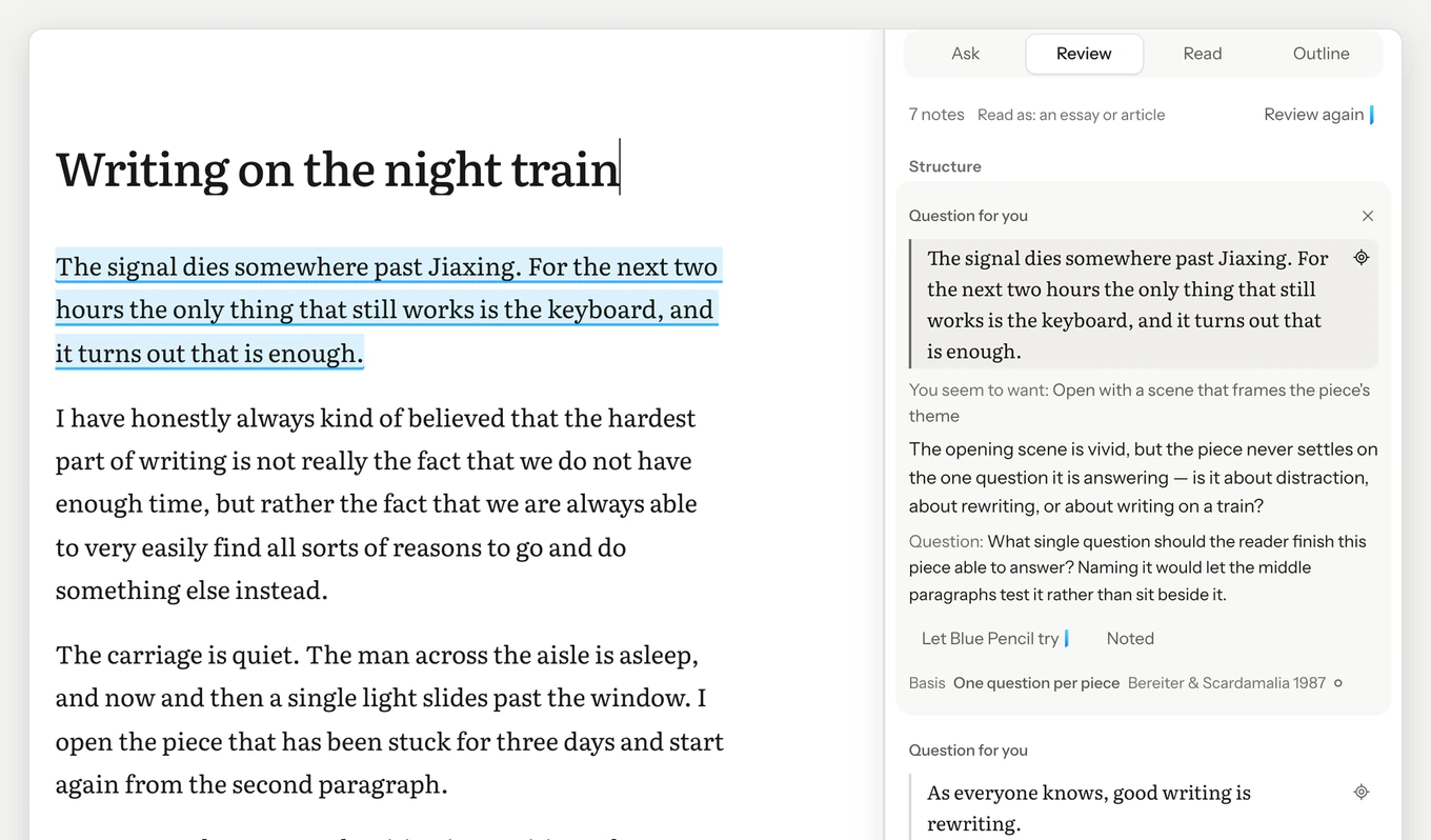 Blue Pencil’s review panel beside a draft. A note marked Question for you quotes the opening sentences, asks what single question the piece should answer, and names its basis: One question per piece, with the source.