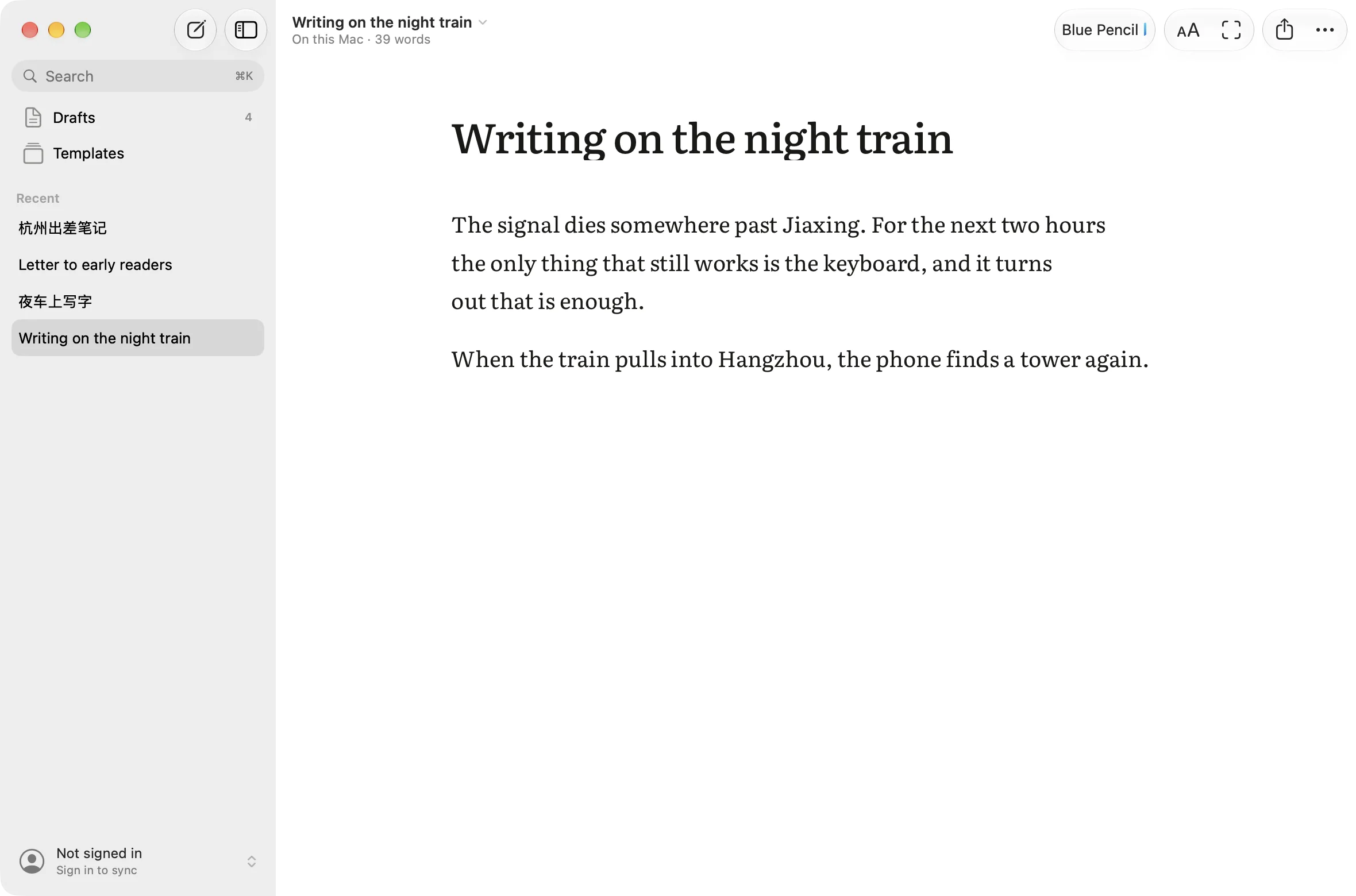 The AIWritingPal Mac app: the drafts list on the left, a draft open on the paper.